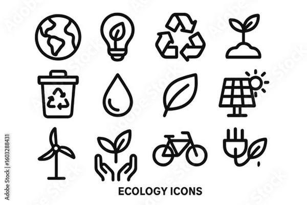 Fototapeta Vector icon set of ecology and environment themes. Symbols for green energy, recycling, sustainability, and nature conservation. Eco friendly and renewable resources concepts.
