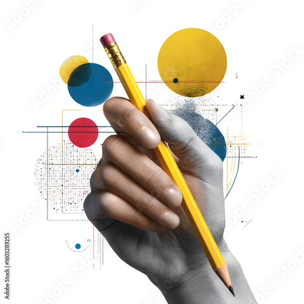 Fototapeta Hand holding a yellow pencil with abstract shapes isolated on transparent background