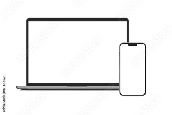 Fototapeta Laptop and smartphone mockup with blank screen. Modern computer and mobile phone with empty display for website, app, UI, UX presentation. Realistic device frame vector.