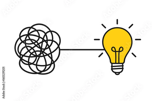 Fototapeta Unraveling chaos to find a solution. Simplifying the complex. Problem solving concept with a tangled line and a lightbulb idea. Creative process and innovation metaphor.
