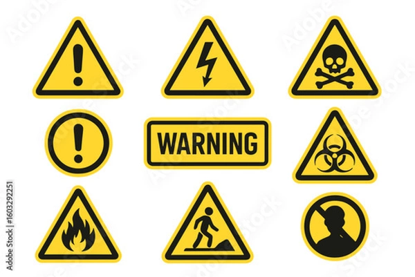 Fototapeta Warning signs vector set. Collection of hazard symbols like high voltage, biohazard, poison, and fire. Safety first concept illustration. Attention and danger icons.