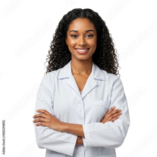 Obraz Smiling black woman doctor or scientist in white lab coat with arms crossed against a black background