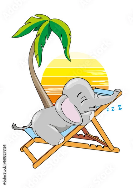 Obraz Baby elephant is sleeping on the deck chair under the palm tree