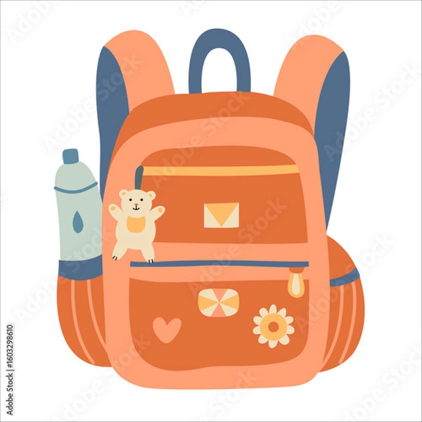 Fototapeta Schoolbag or backpack with a bottle of water and toy hand drawn flat style illustration. Back to school theme element.	
