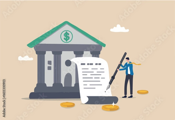 Fototapeta Obligation, debt or bank loan responsible to pay back with interest rate, legal money credit or borrowing document with signature concept, businessman signing signature on obligation banking document
