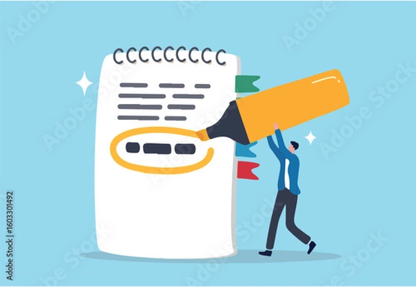 Fototapeta Highlight important note, serious essential word in highlight circle or underline, marked critical, vital or significant, spotlight attention concept, businessman highlight pen circle important note