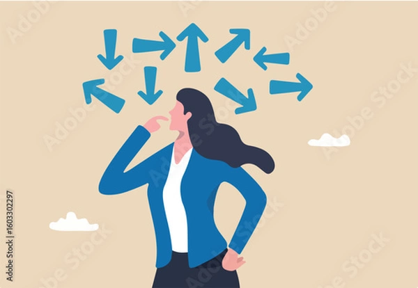 Fototapeta Tough decisions, choosing career path, make choices or think about final result, business directions challenge, confusion or decide options concept, businesswoman thinking and make business decisions
