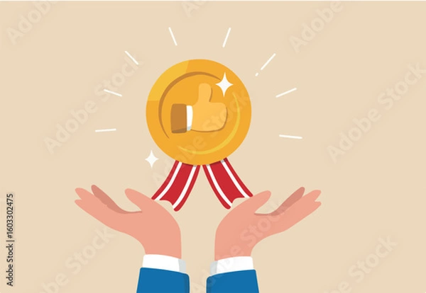 Fototapeta Endorsement or recommendation for employee or product, high quality approval, public support or positive satisfaction evaluation concept, businessman hand giving thumb up honor endorsement badge