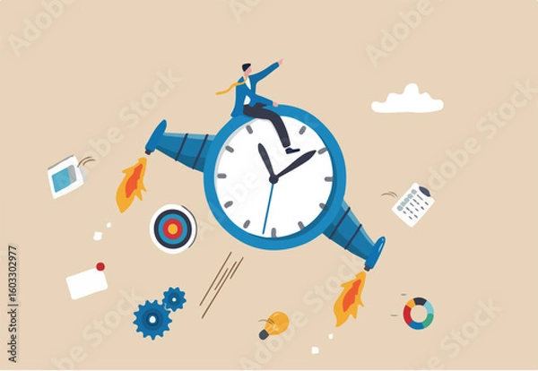 Fototapeta Improve productivity or efficiency, time management to finish within deadline, performance improvement or success concept, businessman riding fast flying clock with jetpack increasing productivity