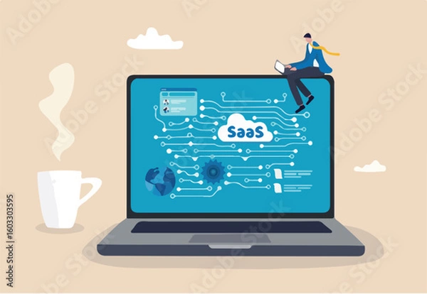 Fototapeta SaaS software as a service, cloud computing software for client subscription, internet web application online platform provider concept, businessman working with computer laptop on SaaS screen