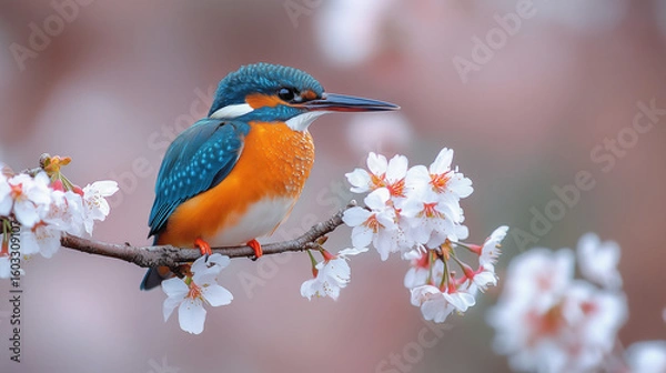 Fototapeta A vibrant kingfisher perches gracefully on a branch adorned with delicate blossoms.