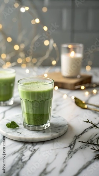 Obraz Elegant iced matcha latte on marble with bokeh lights