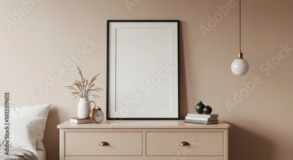 Fototapeta Minimalist Bedroom Aesthetic: A framed blank artwork, a vintage lamp, a vintage alarm clock and a bed side table create a minimalist aesthetic in a serene bedroom.