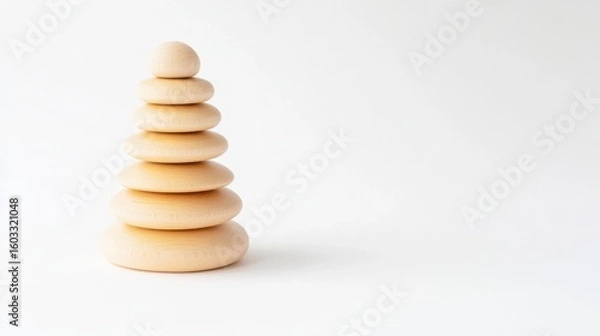 Fototapeta Eco-friendly wooden stacking toy pyramid isolated on white, symbolizing sustainable play.