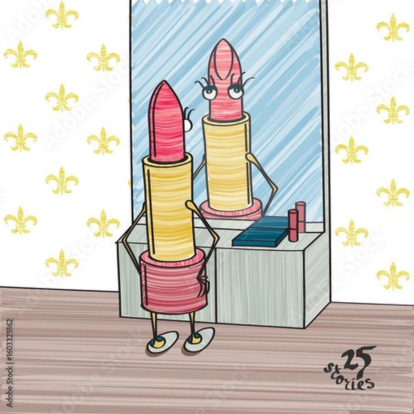 Fototapeta Lipstick Admires Her Reflection in Mirror Telling Story of Appearance Addiction Symbolic Surrealistic Concept from 25 Stories Edition - Multicolor on White Background - Hand Drawn Graphic Design