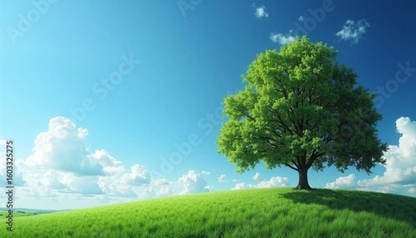 Fototapeta A serene landscape featuring a lush green tree under a vast blue sky.