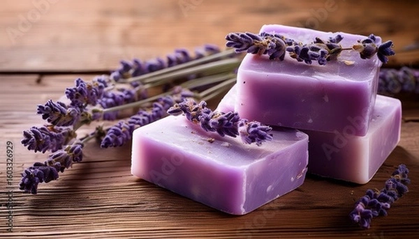 Fototapeta lavender soap bars on rustic wooden surface