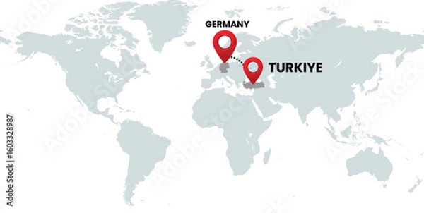 Fototapeta Global Location Map with Germany and Turkey, Dotted Line Travel Path Icon for International Business, Global Trade, and Worldwide Travel Routes