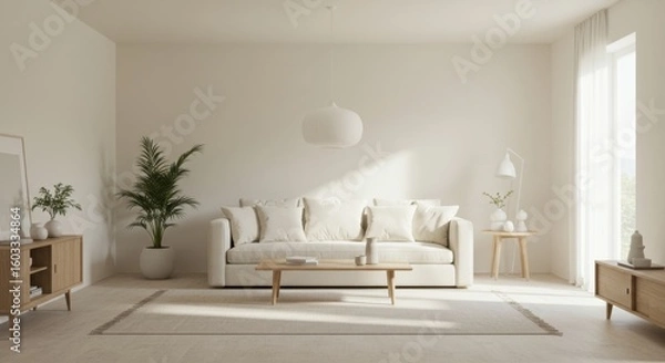 Fototapeta Minimalist Living Room Interior: A serene and spacious minimalist living room interior, boasting clean lines, natural light, and a harmonious blend of modern furniture.