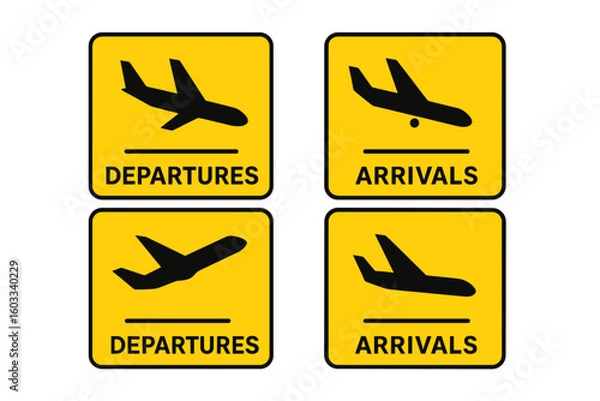 Fototapeta Airport signs icon set for arrivals and departures. Simple vector illustration with airplane silhouette for takeoff and landing. Travel and transport information symbols.