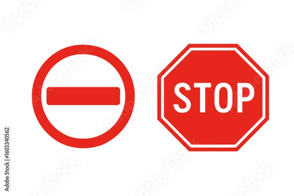 Fototapeta Stop sign and no entry traffic sign vector icon set. Road safety warning symbol. Forbidden, danger, and regulation graphic illustration. Isolated for street and transport design.