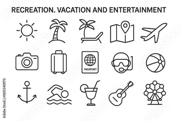 Fototapeta Recreation, vacation and entertainment line icon set. Summer holiday and travel outline symbols for web and mobile. Beach, tourism, journey and leisure vector pictograms.