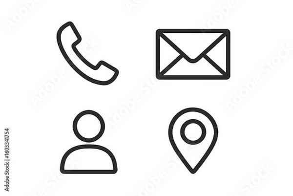 Fototapeta Business card contact information icons set. Minimal vector line art symbols for web and print. Phone, email, address, user pictogram collection for resume, cv, website UI.