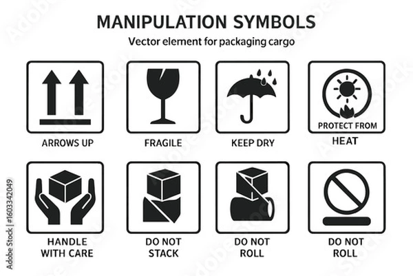 Fototapeta Cargo Packaging Handling Symbols Set. Black Manipulation Icon Collection. Fragile Glass, Keep Dry, Arrows Up, Handle With Care, Do Not Stack, Do Not Roll, Protect From Heat. Vector Illustration
