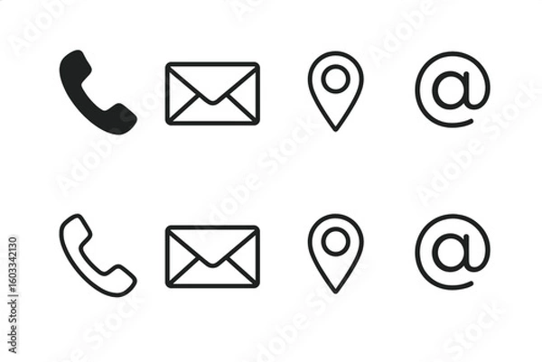 Fototapeta Contact information icon set for business cards. Web and mobile communication symbols. Vector collection with phone, email, location, and address signs. Line and glyph style.