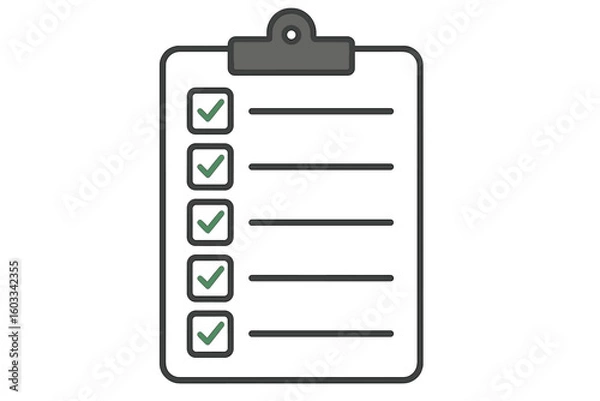 Obraz Minimalist Checklist Clipboard with Five Green Check Marks, Blank Lines, Simple Flat Outline Style, Isolated Vector for Task Management, To-Do List, Goals Accomplished, Productivity Planning Concepts