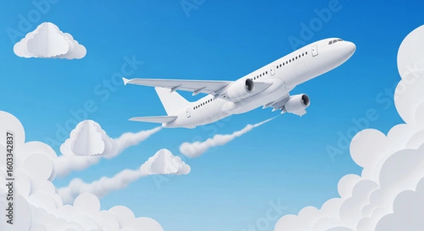 Fototapeta White airplane flying above stylized paper clouds, bright blue sky background, representing travel, freedom, journey, adventure, and air transport