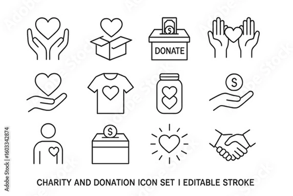 Fototapeta Charity and donation line icon set. Volunteering, support and love thin line icon collection. Social responsibility and community help symbols. Editable stroke vector illustration.