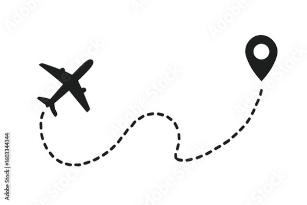Fototapeta Airplane flight path vector with dotted route line, aircraft silhouette navigating waypoint, aviation navigation concept, flight route illustration, travel and transport design elements