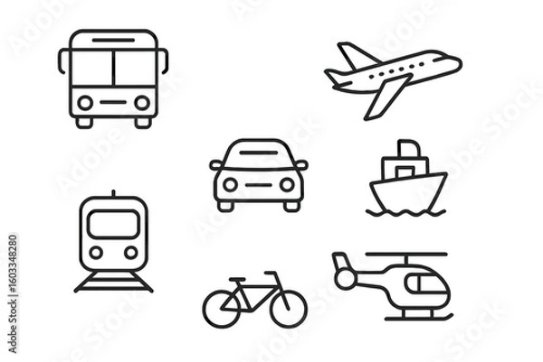 Fototapeta Linear Outline Transport Icons Set. Public Transport, Car, Bus, Bicycle, Train, Ship, Airplane, Helicopter. Minimal Modern Line Style Travel and Vehicle Symbol Pack for Web, App, Delivery, Navigation