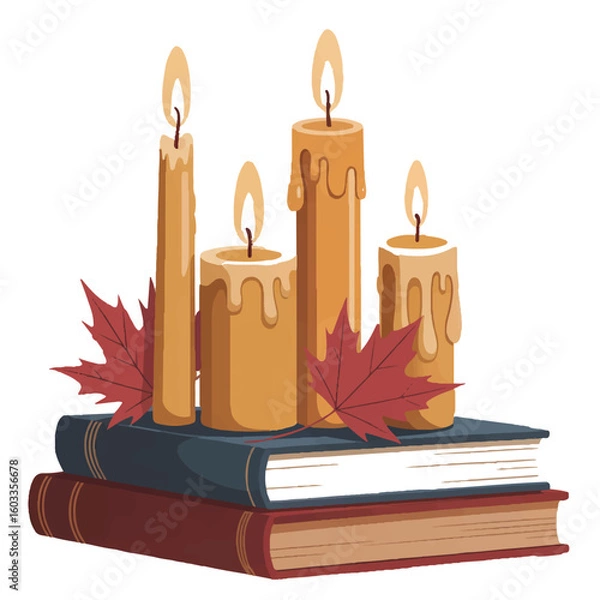 Obraz Candles on books with autumn leaves creating a warm reading atmosphere