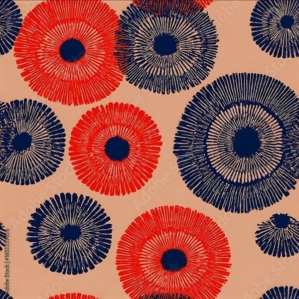 Obraz afro pop wax print large radial motifs sand base vermilion indigo seamless.