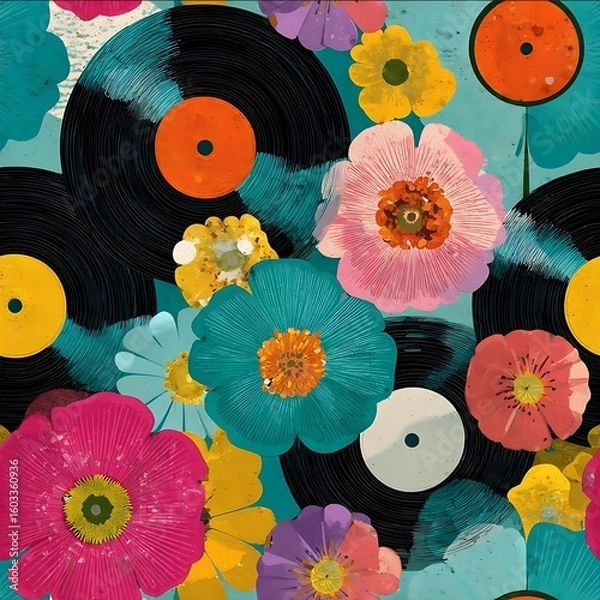 Fototapeta retro vinyl records mixed with pop flowers 70s palette playful layout seamless repeat.