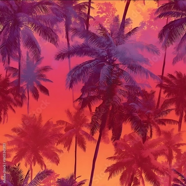 Fototapeta realistic tropical sunset gradient sky with palm silhouettes vibrant coral to violet ombre seamless fabric pattern for resortwear.