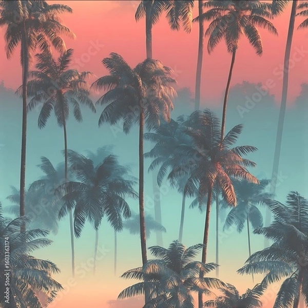 Obraz seamless pattern dreamy palm silhouettes teal to peach gradient vaporwave miami sunset soft focus grain.