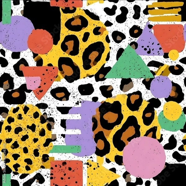 Fototapeta leopard print overlaid with geometric shapes 90s Memphis pattern mashup.
