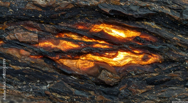 Fototapeta Shale rock formation, amber light filtering through layers, Texture of stratified black rock, glowing light between cracks