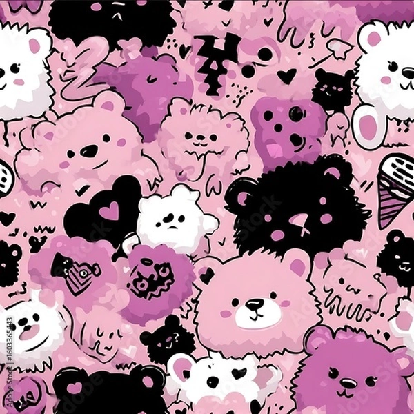 Obraz kawaii punk teddy bears pastel pink base black outline candy tones seamless pattern.