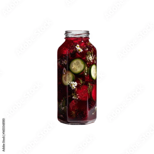 Fototapeta Refreshing Detox Drink in Glass Bottle with Berries, Cucumber, and Flowers
