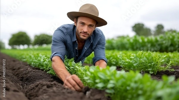 Fototapeta Joyful farmer in Southeast Asia tending to a vegetable garden under the clear blue sky capturing the satisfaction and joy of farming realistic photo, high resolution , Minimalism,
