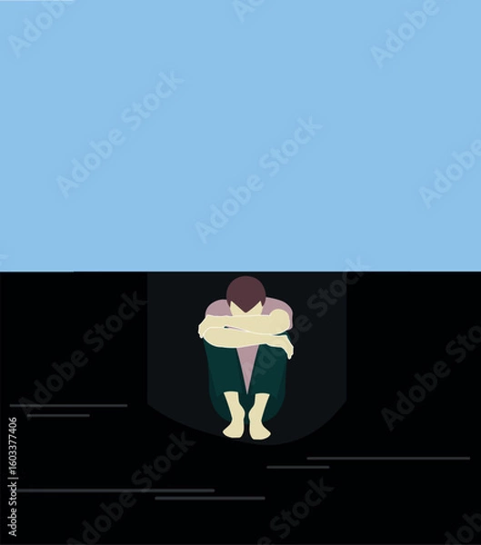 Fototapeta A depressed man sits alone, embracing his knees, moment of despair. Self-flagellation, paranoia anxiety fears mental health concept. Man sitting in black pit, blue sky symbolizing panic,