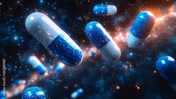 Fototapeta Futuristic floating capsules of blue and white medicine pills in space-like digital environment representing pharmaceutical innovation, healthcare technology and advanced drug delivery systems