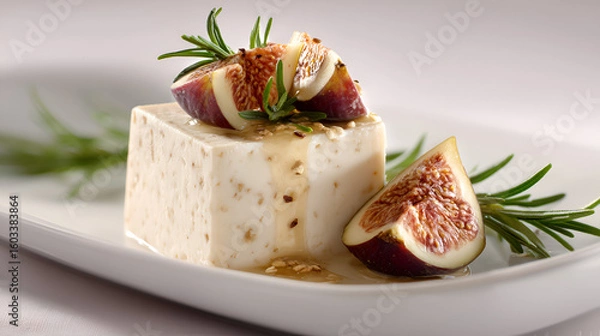 Fototapeta Elegant Dessert: Creamy custard block topped with fresh figs, rosemary and drizzled with golden honey.