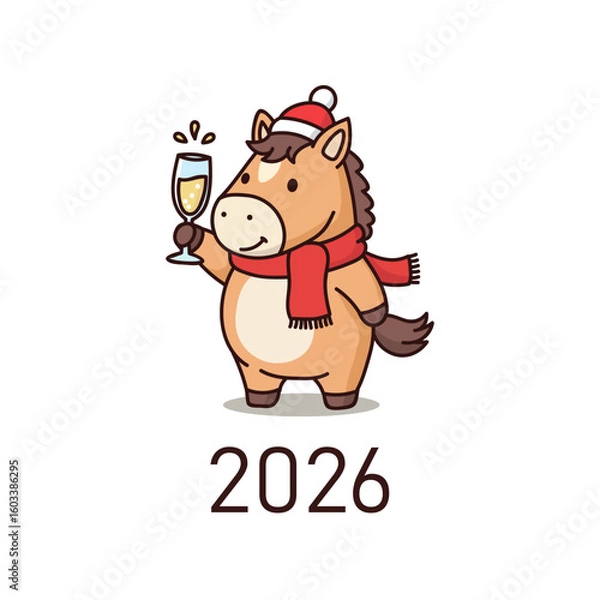 Obraz A cute cartoon horse making a New Year's toast with a glass of champagne. Symbol of 2026, the Year of the Horse. Festive vector illustration for a holiday party invitation or a corporate celebration b