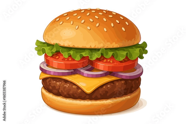 Obraz Delicious Burger Illustration: A mouthwatering, vibrant illustration of a classic burger, showcasing fresh ingredients and delectable layers.
