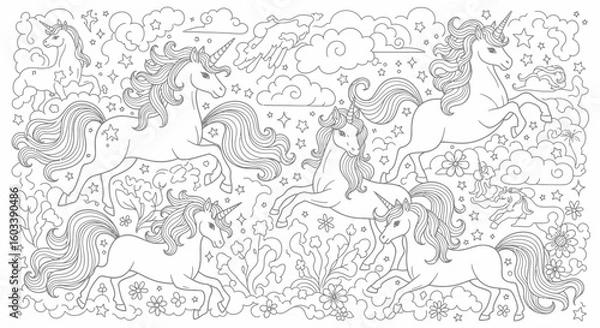 Fototapeta Drawing to paint unicorn coloring page for kids and adults, magical creatures line art, mythical animals, fantasy art, unicorns vector